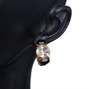 Vintage MONET Gold Tone Rhinestone C-Hoop Earrings - Black & Clear Crystals